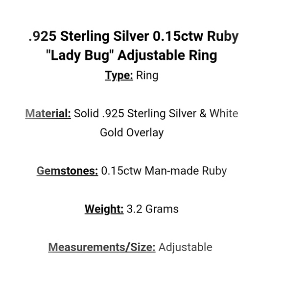 Lady Bugs Ring - 925 SS White Gold Overlay & Ruby - Picture 4 of 12